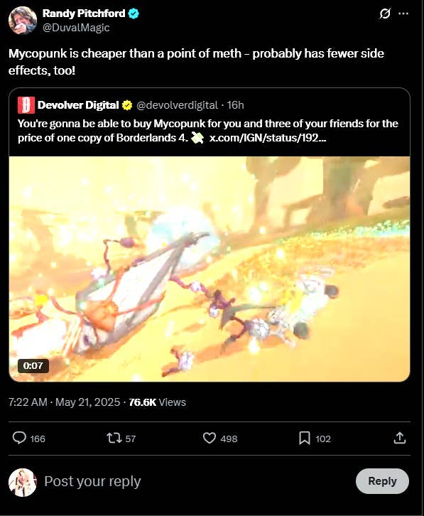 Randy Pitchford's tweet about Mycopunk's price.