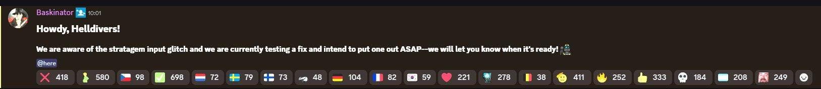 Katherine Baskin informing Helldivers 2 players of an incoming stratagem glitch fix. - 3