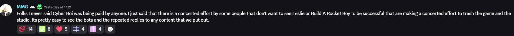 Mark Gerhard saying things about MindsEye's negative reception on Discord.