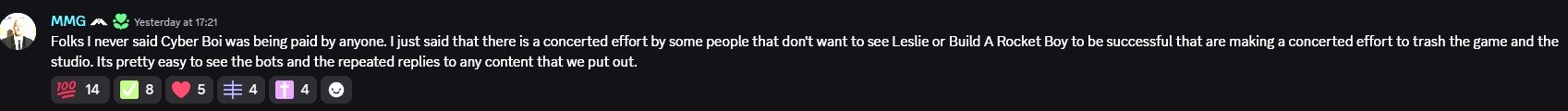Mark Gerhard saying things about MindsEye's negative reception on Discord. - 4