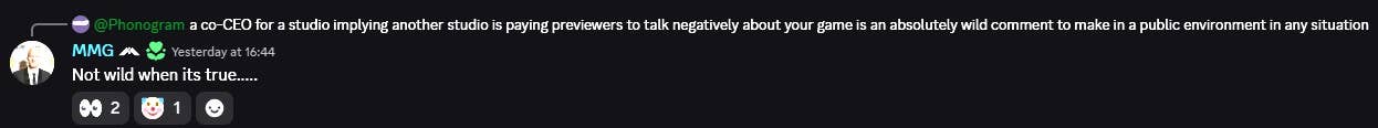 Mark Gerhard saying things about MindsEye's negative reception on Discord.