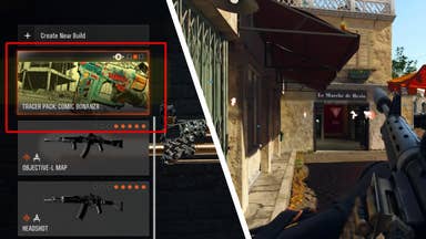 A split screenshot: left side shows a Tracer Pack ad at the top of the weapon select menu; the right shows in-game action of Black Ops 6