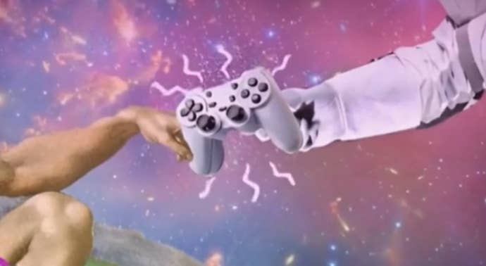 A spoof representation of The Creation of Adam by Michaelangelo, showing an earthbound Adam and an astronaut touching fingers with a controller successful the middle.