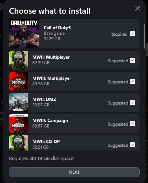 A screenshot of a pop-up recommending 380+GB space be freed up for a Call of Duty install.