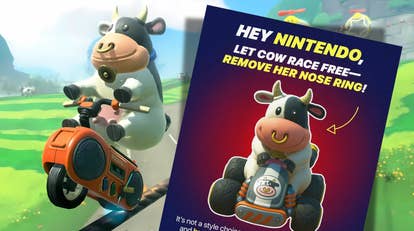 A screenshot of Cow riding across a tightrope. Next to them is a poster that reads: Hey Nintendo, Let Cow race free - remove her nose ring!