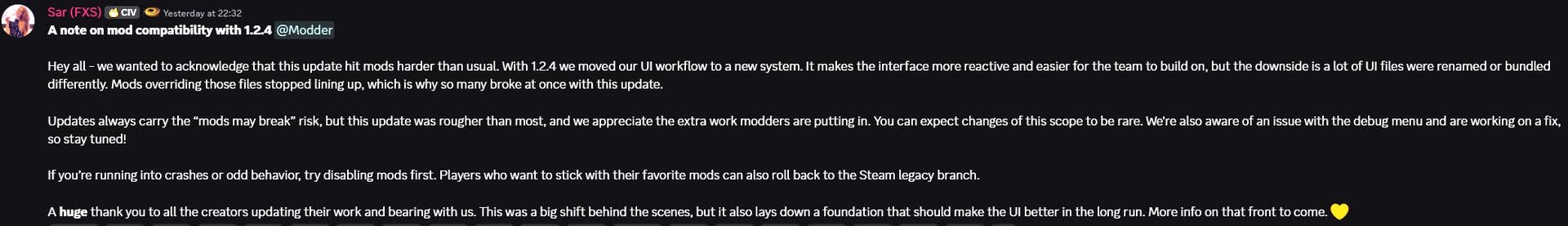 A comment Firaxis' community manager about Civilization 7's update 1.2.4 causing mod issues.