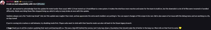 A comment Firaxis' community manager about Civilization 7's update 1.2.4 causing mod issues.