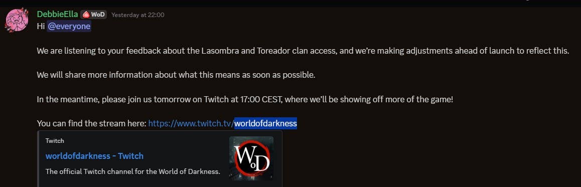 Bloodlines 2 community developer DebbieElla's announcement of "adjustments" coming in light of paid vampire clan DLC pushback.