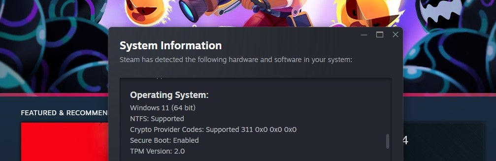 Steam's system info menu listing whether secure boot's enabled. - 3
