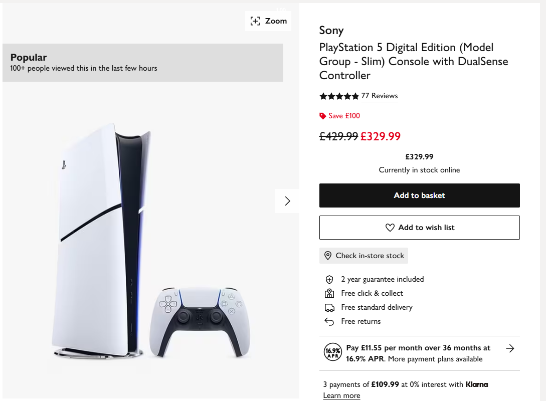 screenshot of a John Lewis page showing &pound;100 off a PS5 Digital