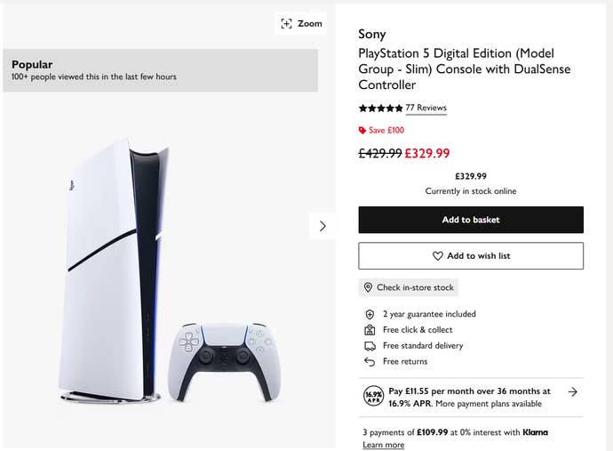 screenshot of a John Lewis page showing £100 off a PS5 Digital