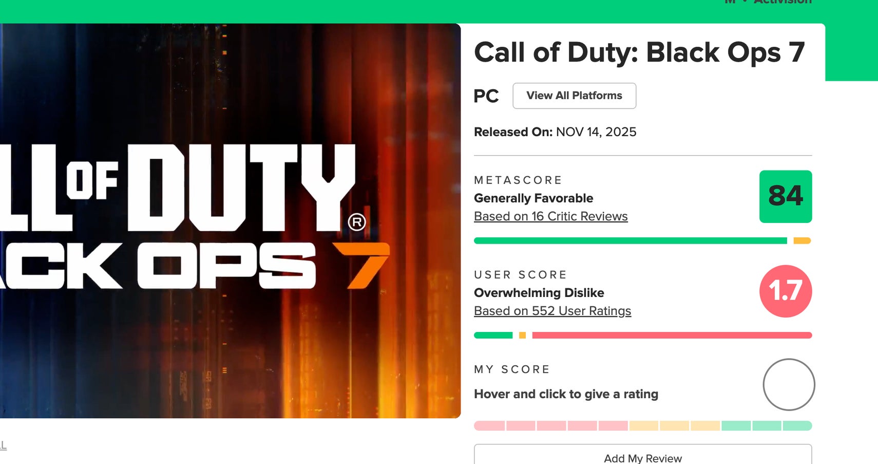 Call of Duty: Black Ops 7 có điểm người dùng trên Metacritic thấp nhất từ trước đến nay cho một trò chơi Call of Duty.