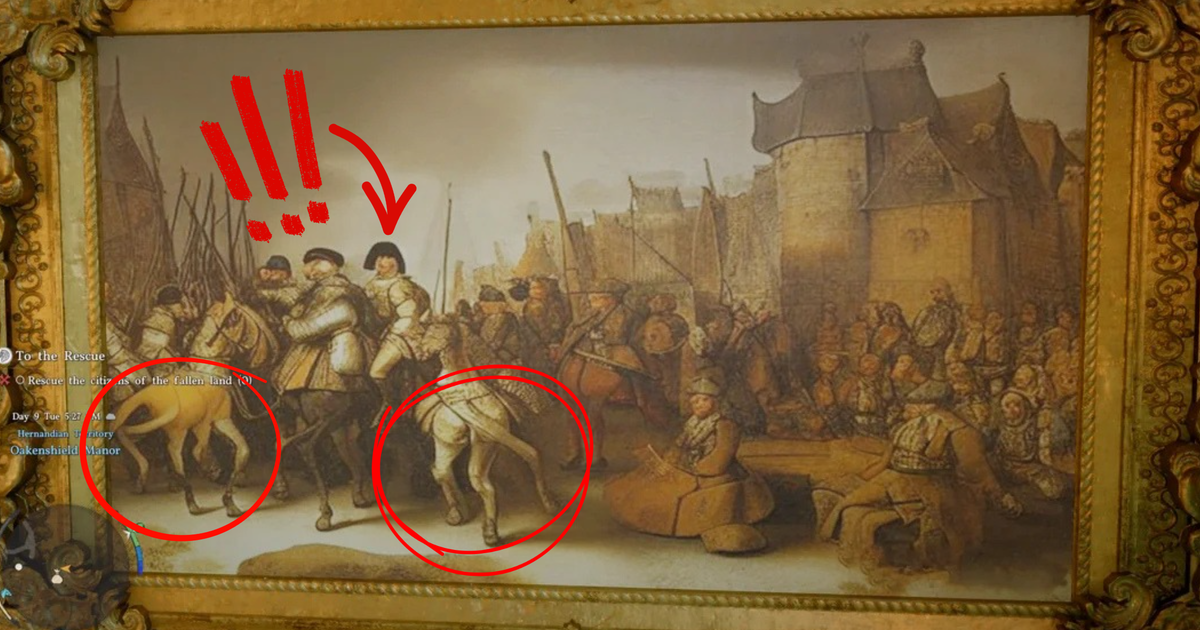 Crimson Desert's in-game artwork shows telltale signs of AI courtesy of missing fingers and human bodies melting into horses