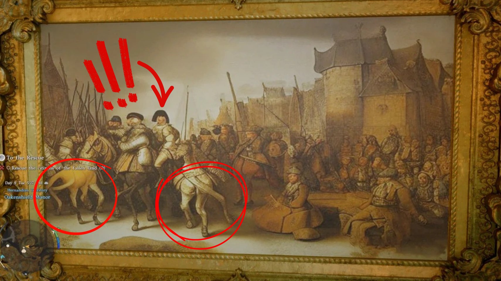 What appears to be an AI-generated images of a "historic" painting with strange figures on horseback, some of which melt into the bodies of the horses