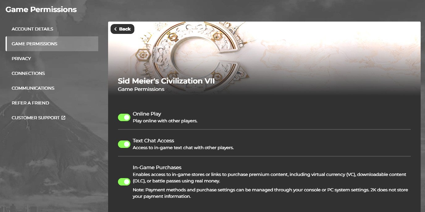 The game permissions menu on a 2K account.