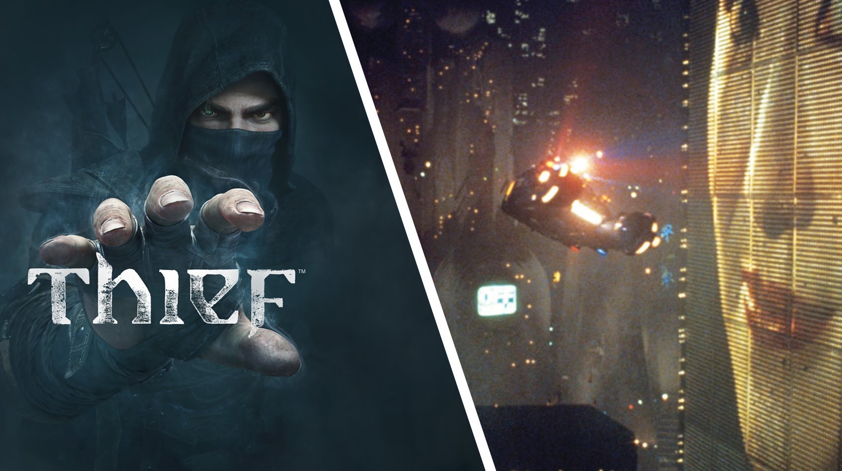 The Thief holds out his hand on the left, while a flying car from Blade Runner zips past a FMV billboard on the right