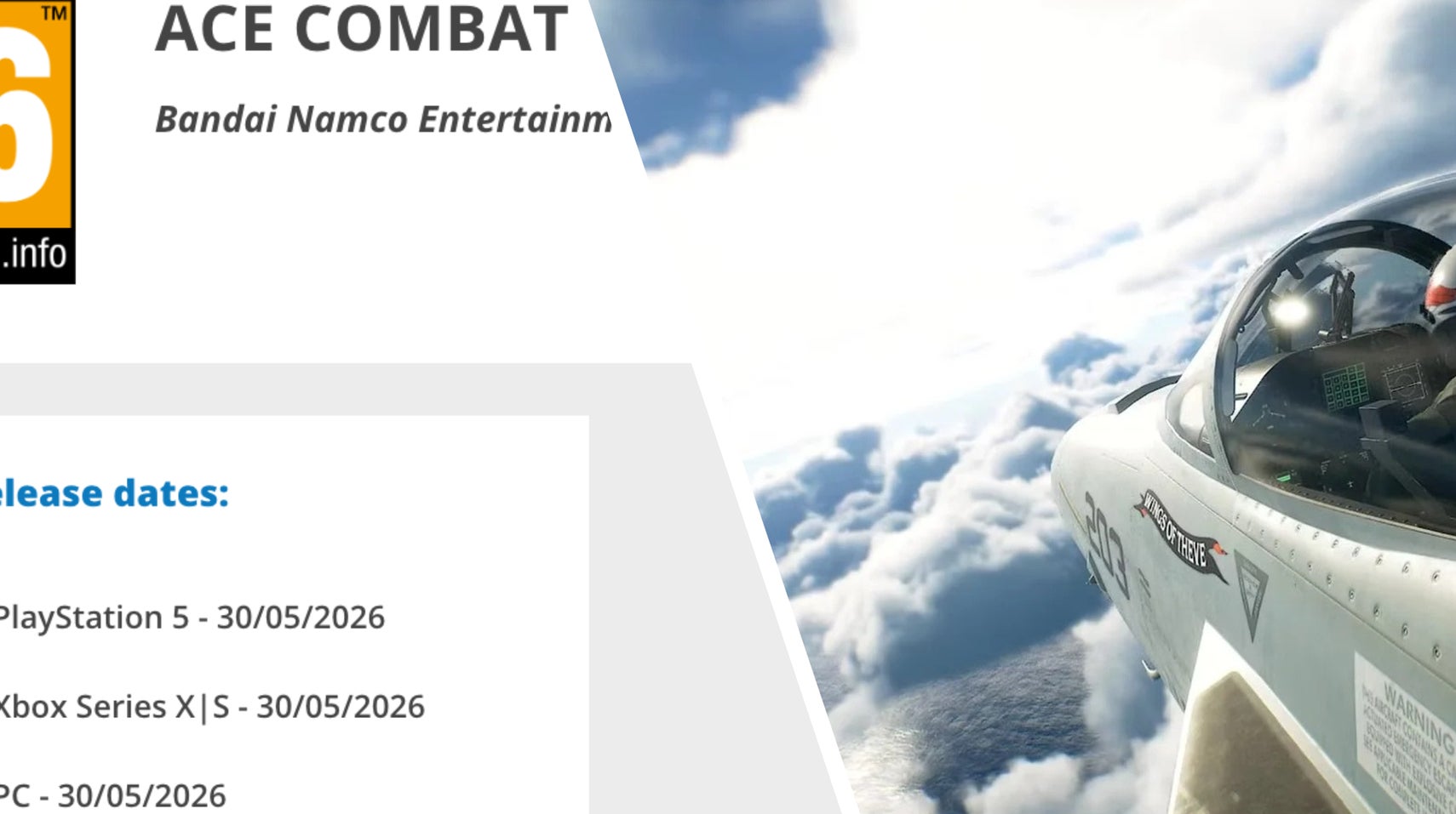 A screenshot of the PEGI website showing Pre-release dates of 30/05/26 next to a screenshot from Ace Combat 8