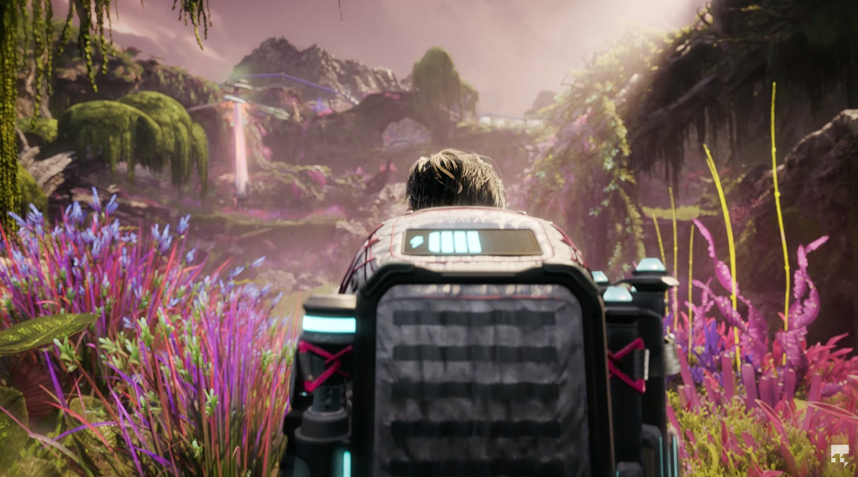 A person wearing a backpack with a glowing blue energy bar overlooks a fantastical, vibrant alien landscape with purple and pink flora under a soft, glowing sky.