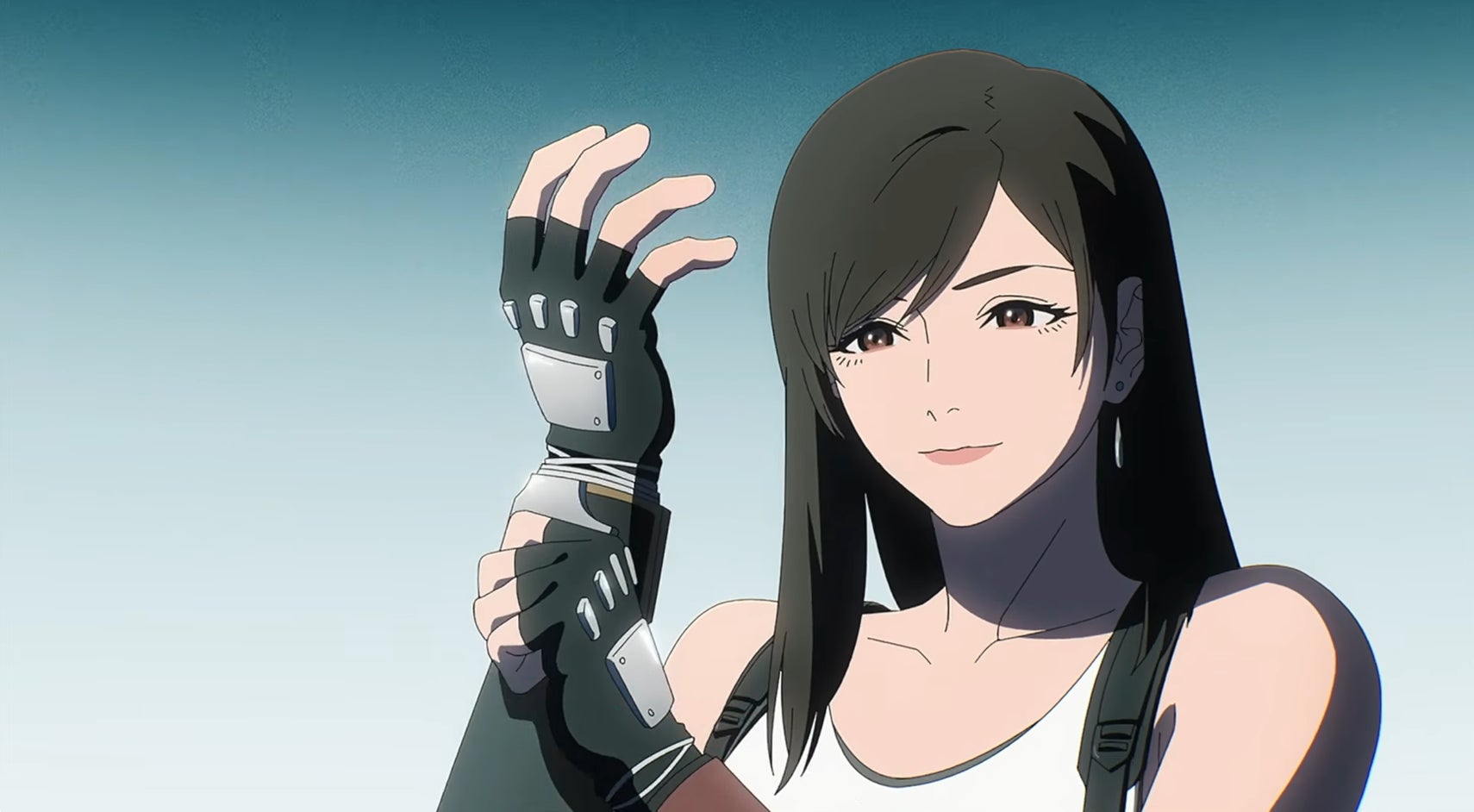 Anime style illustration of a Tifa Lockhart with long dark hair and brown eyes, wearing a white tank top and a black glove with metal accents on her left hand and forearm, looking towards the viewer with a slight smile against a gradient blue sky.