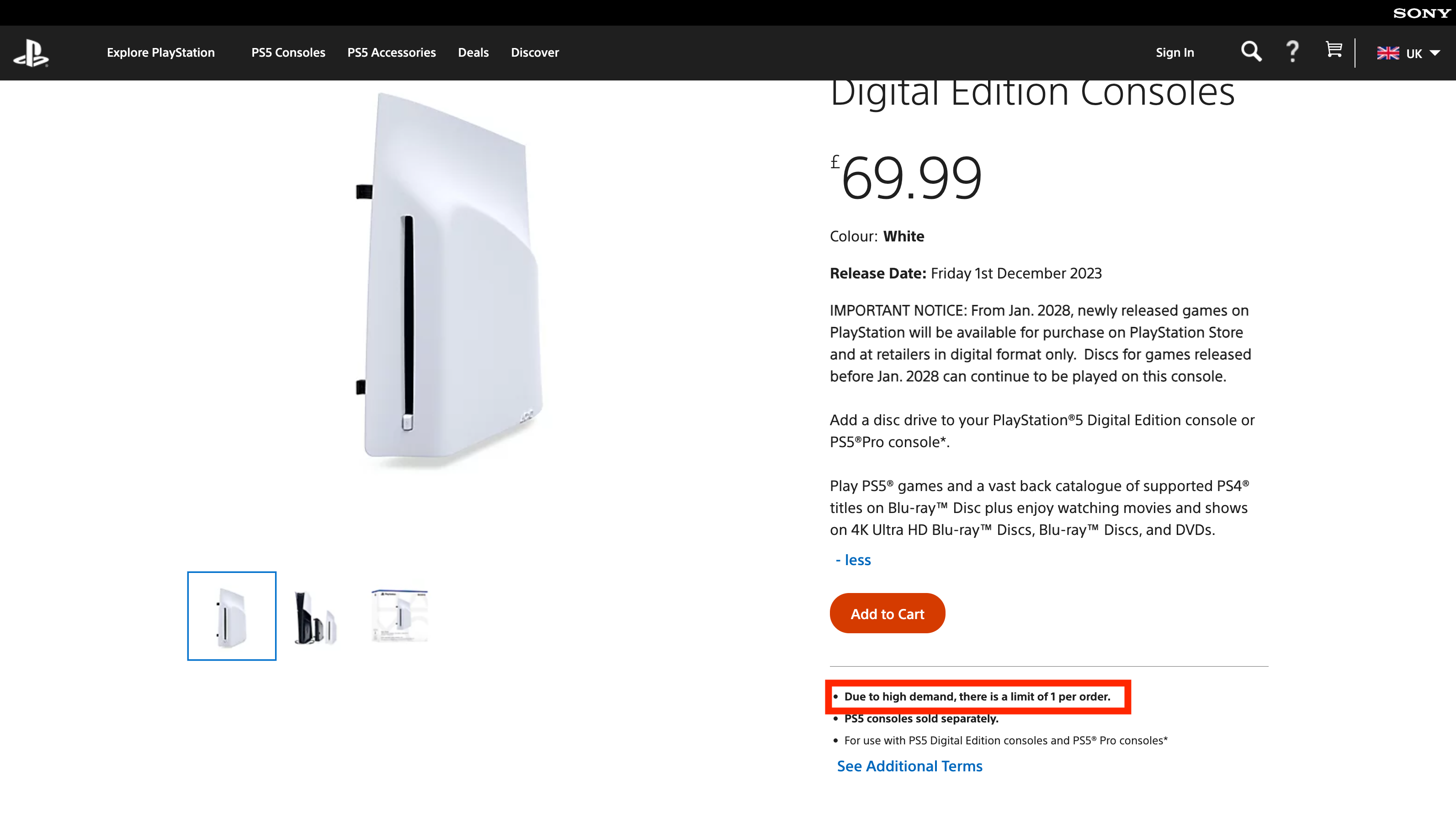Screenshot of the disc drive page on the PlayStation Store showing a limit to one per order due to high demand