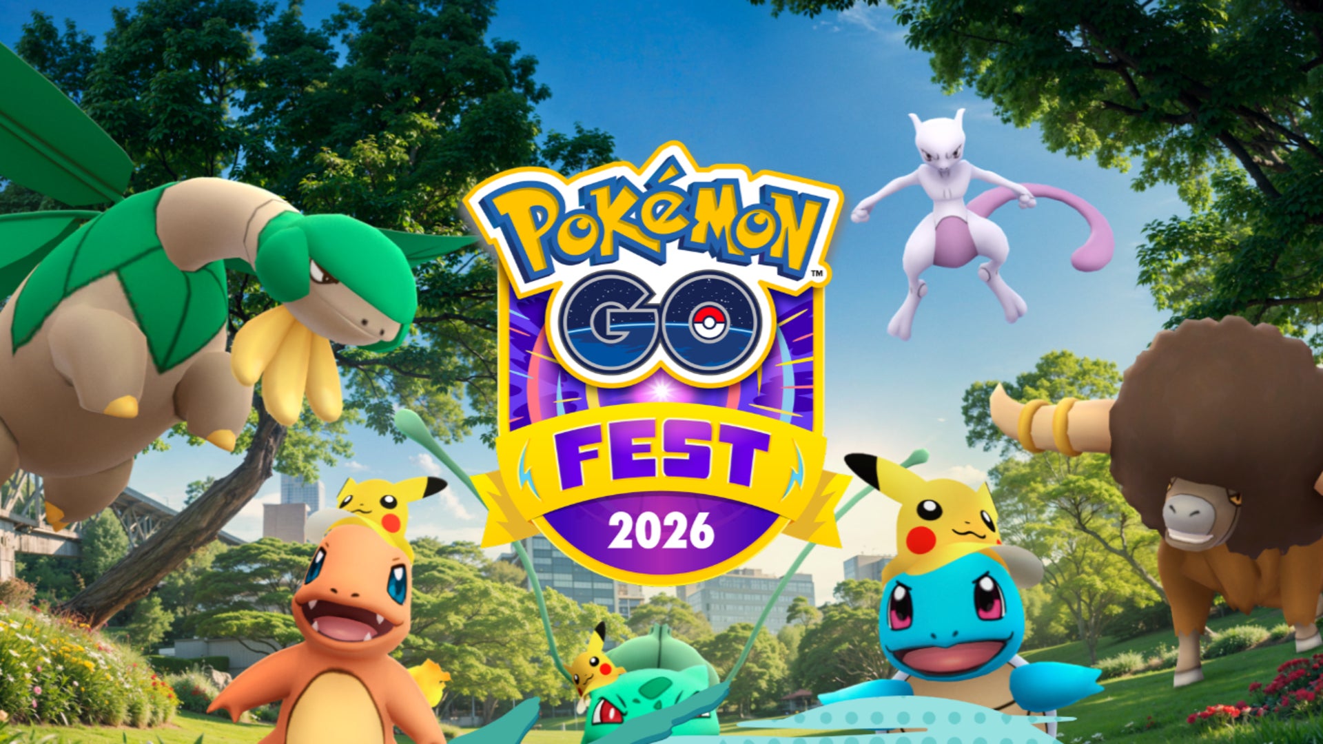 Bouffant, Charmander, Squirtle, Bulbasaur, Mewtwo, and Bouffalant can be seen in key artwork for Pokémon GO Fest Global 2026.