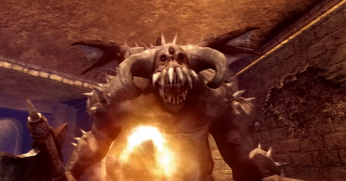 A terrifying, horned demon with multiple eyes and jagged teeth, glowing with internal fire, stands menacingly in a stone-lined dungeon.