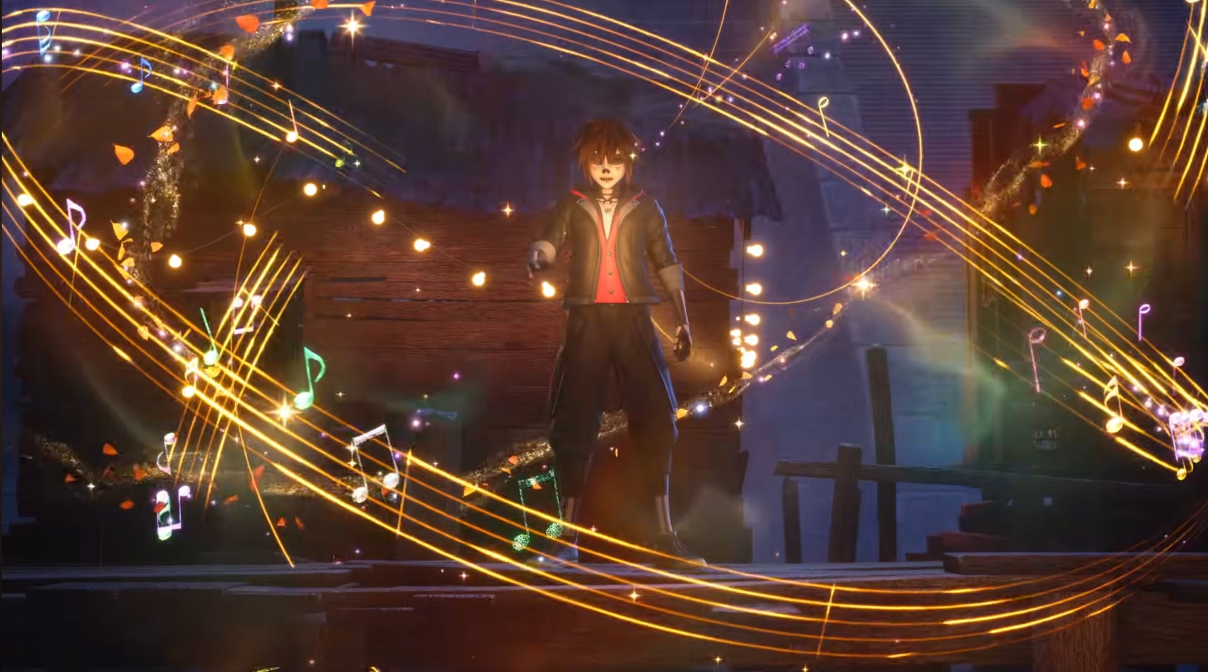 A young person with spiky brown hair, wearing a black jacket with red trim, a red vest, and black pants stands amidst swirling, golden musical notes and bright, twinkling lights.