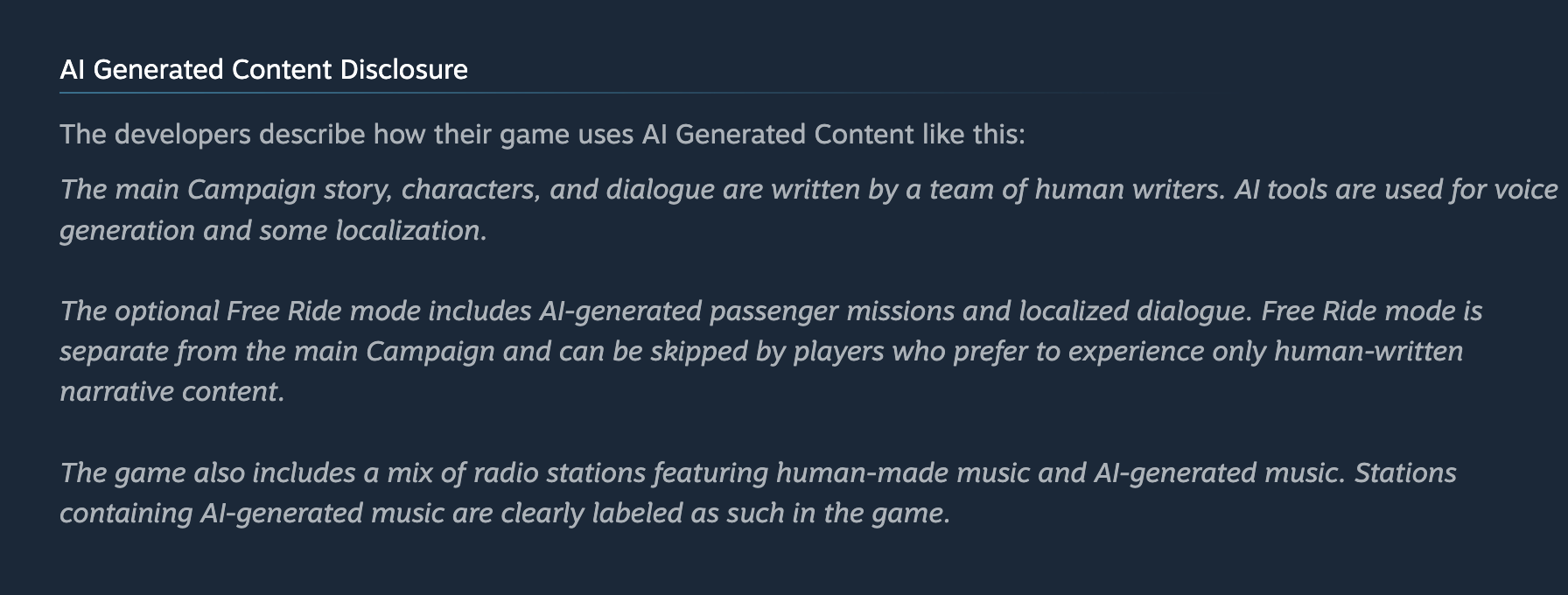AI Generated Content Disclosure for a game, detailing how the main Campaign story, characters, and dialogue are human-written with AI for voice generation and localization, the optional Free Ride mode includes AI-generated missions and dialogue, and radio stations feature both human and AI-generated music.
