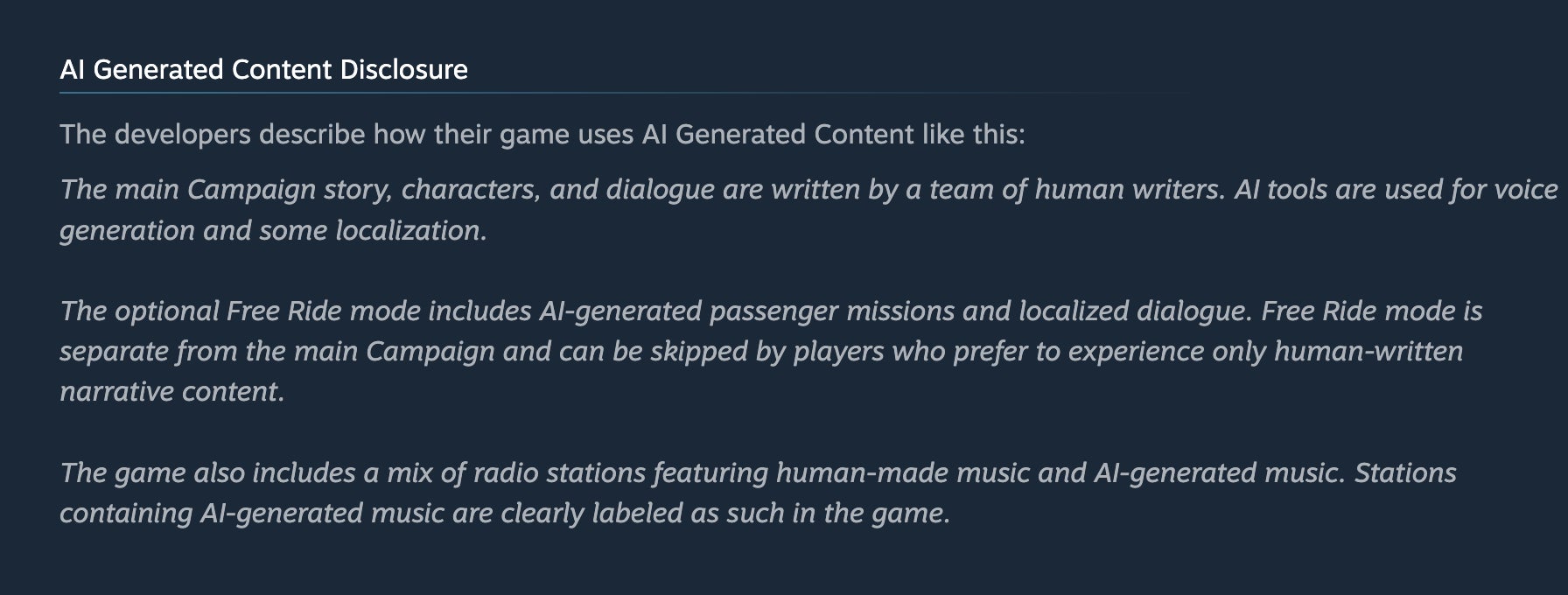 AI Generated Content Disclosure for a game, detailing how the main Campaign story, characters, and dialogue are human-written with AI for voice generation and localization, the optional Free Ride mode includes AI-generated missions and dialogue, and radio stations feature both human and AI-generated music.