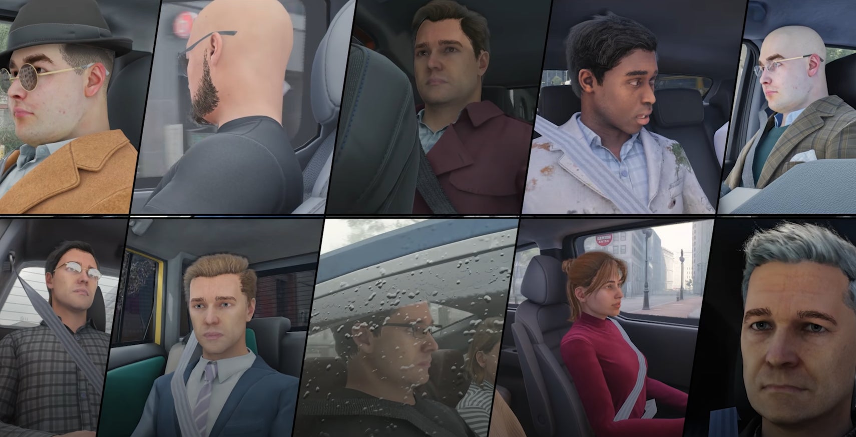 Collage of ten individual screenshots of animated characters inside cars, some wearing hats and glasses, with diverse expressions and clothing styles.