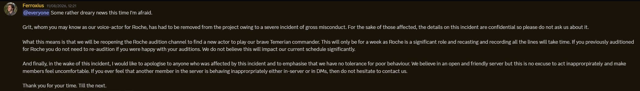An announcement about a voice acting role being recast in the Discord server of Witcher 3 mod The WAR Project.