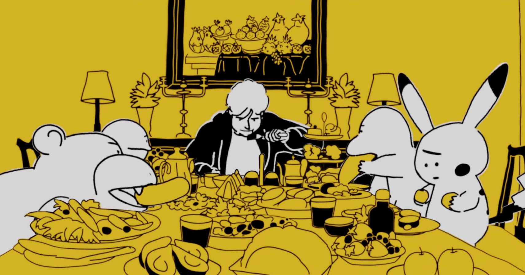 A group of cartoon Pokemon, including a bear-like creature, a duck-like creature, a figure resembling Pikachu, and a cartoon Ed Sheeran in a black jacket, are gathered around a table laden with food, with a painting of fruit in the background.
