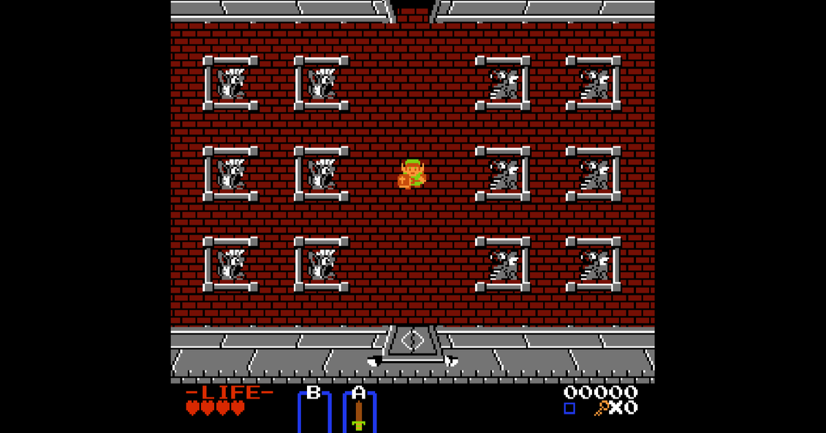 The opening dungeon screen from The Tower of Zeldaga, showing SNES-era Link surrounded by statues with doors ahead and behind.