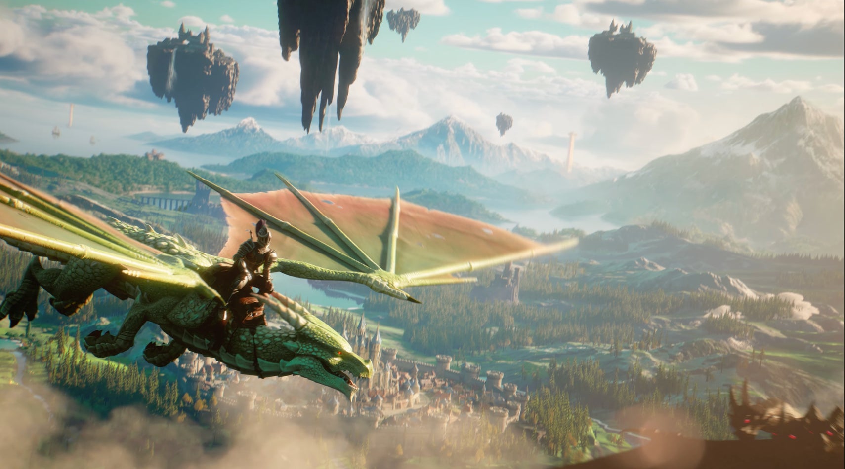 Jagex анонсировала новую MMORPG по вселенной RuneScape на движке Unreal Engine Фэнтезийная сцена с всадником на зеленом драконе, летящим над средневековым городом и гористым ландшафтом