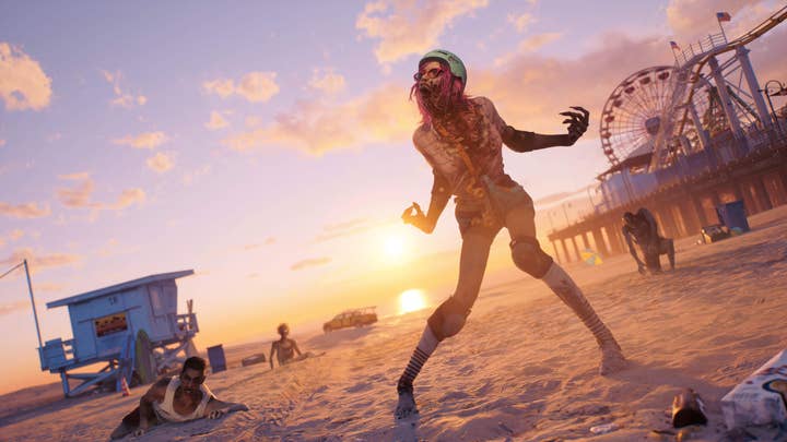 Dead Island 2 image of a zombie in in-line skates on the beach with a ferris wheel in the background