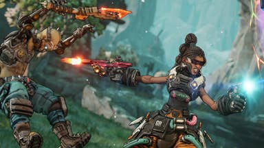 Screenshot from Borderlands 4 showing a female character casually shooting at a masked character as she looks the other way