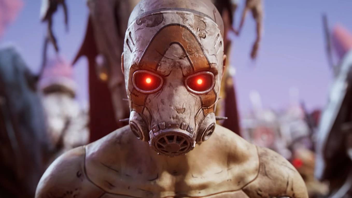Screenshot from Borderlands 4 trailer showing a person with a mask over the face that has glowing red eyes