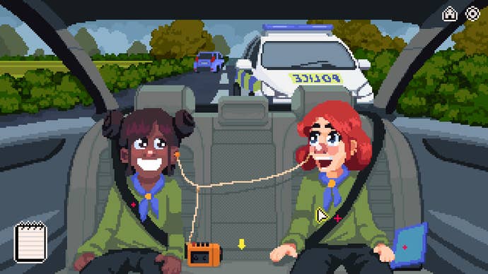Screenshot from City of Voices showing two girls listening to a walkman in the backseat of a car