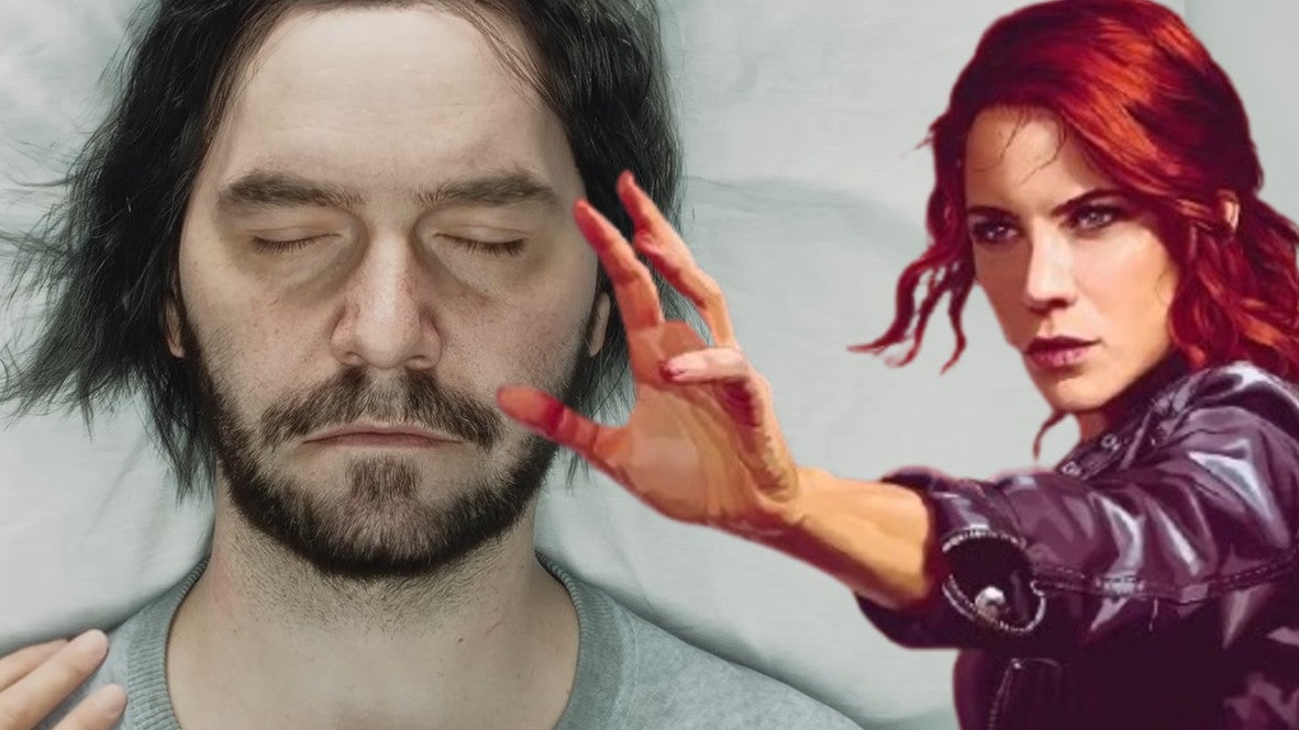 Screenshot from Control Resonant showing Dylan with his eyes shut as he lies on a bed with artwork of Jesse from Control overlaid on top