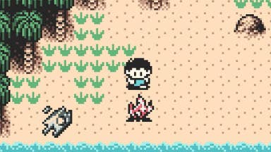 Screenshot from Game Boy game Survival Kids showing a small boy on a beach with a campfire lit