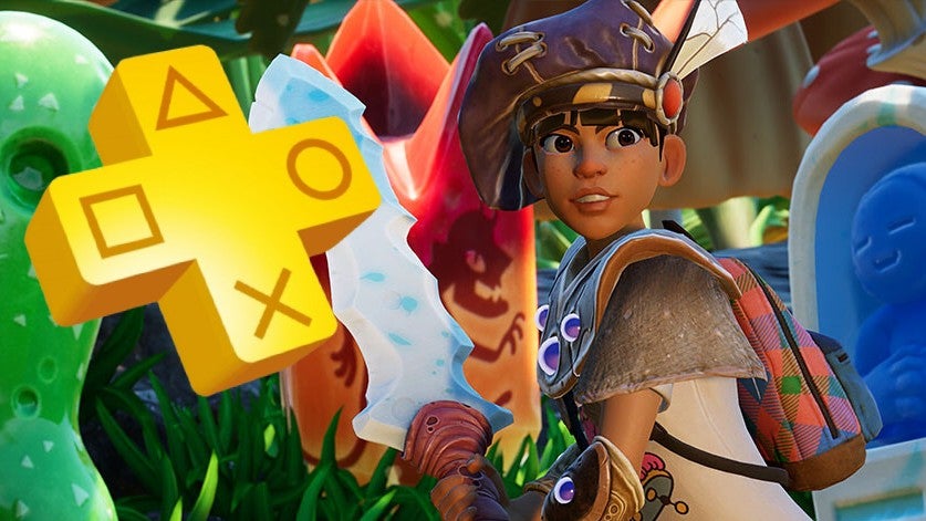 Screenshot from Grounded showing a small human in the back garden with a PS Plus logo overlaid to the side