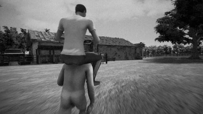 Screenshot from Horses showing a character riding on the back of a naked human wearing a horse mask