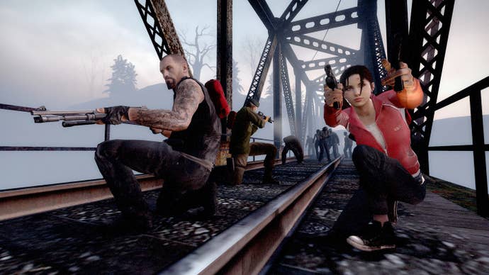 Screenshot from Left 4 Dead showing players on a railway bridge aiming and firing guns