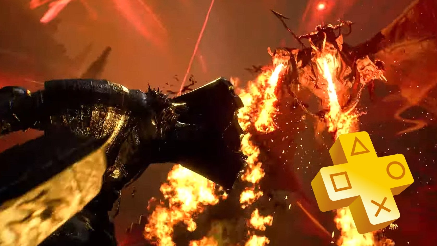 Screenshot from Lords of the Fallen trailer showing a knight being attacked by a fire-breathing dragon-like creature. A PS logo is in the lower right corner