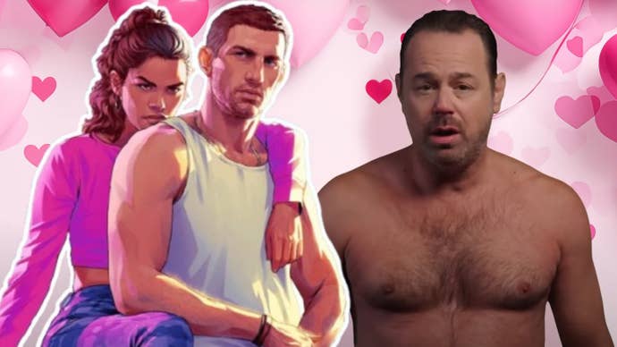 Screenshot from Marching Powder showing actor Danny Dyer with no shirt on against a backdrop covered in hearts. An image of GTA6 leads Jason and Lucia is overlayed on top