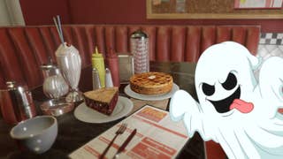 Screenshot from Phasmophobia's Nell's Diner showing a table with pie, milkshakes and waffles on it. A cartoon ghost with its tongue out is popping in from the right