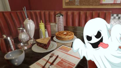 Screenshot from Phasmophobia's Nell's Diner showing a table with pie, milkshakes and waffles on it. A cartoon ghost with its tongue out is popping in from the right