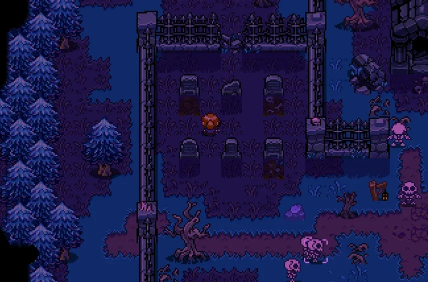 Screenshot z Gilbertova zrušeného RPG zobrazující hřbitov v noci