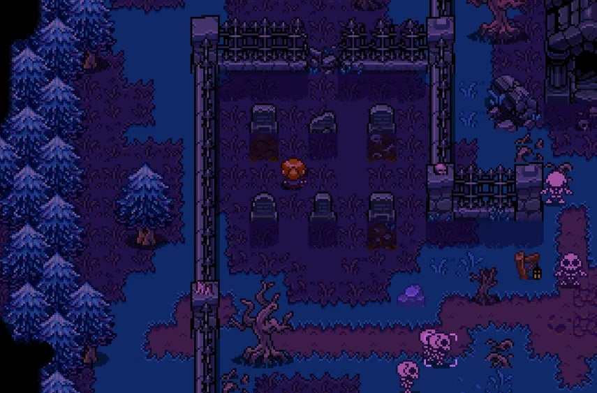 Screenshot z Gilbertova zrušeného RPG zobrazující hřbitov v noci