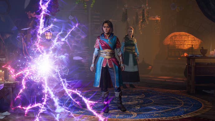 Screenshot from Split Fiction showing Mio and Zoe in a fantasy world staring at a strange purple tear-like glitch